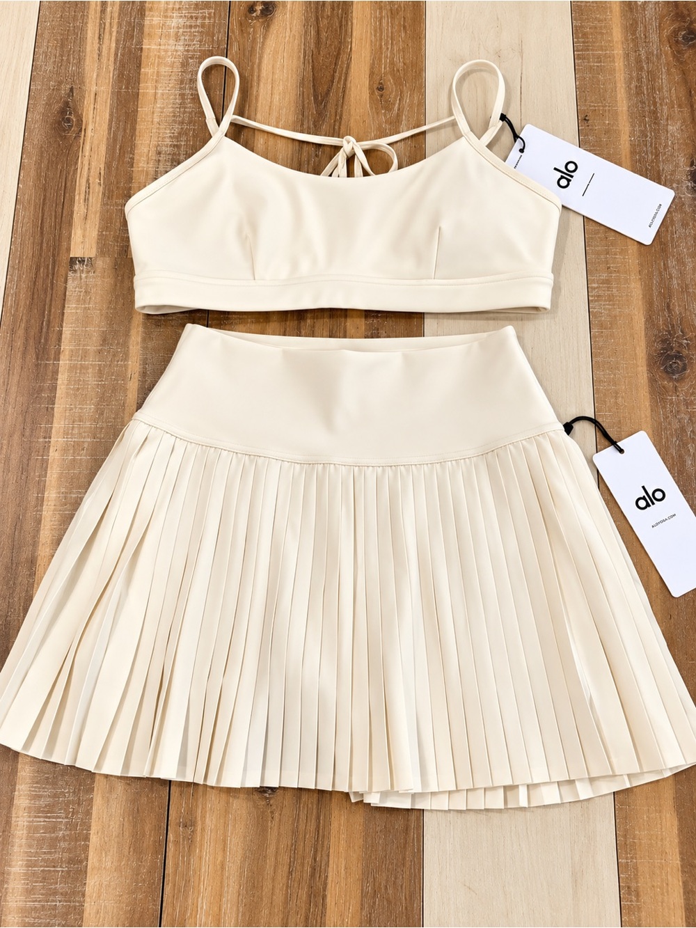 ALO Yoga Cream Pleated Skort with Strappy Bralette